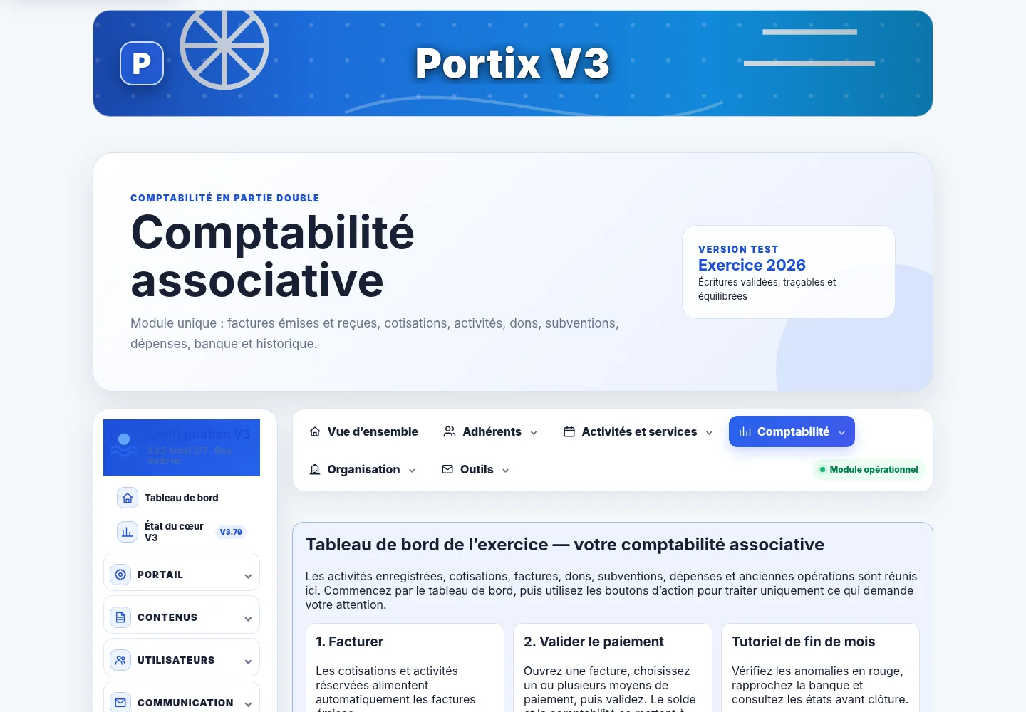Écran de comptabilité générale du module Association
