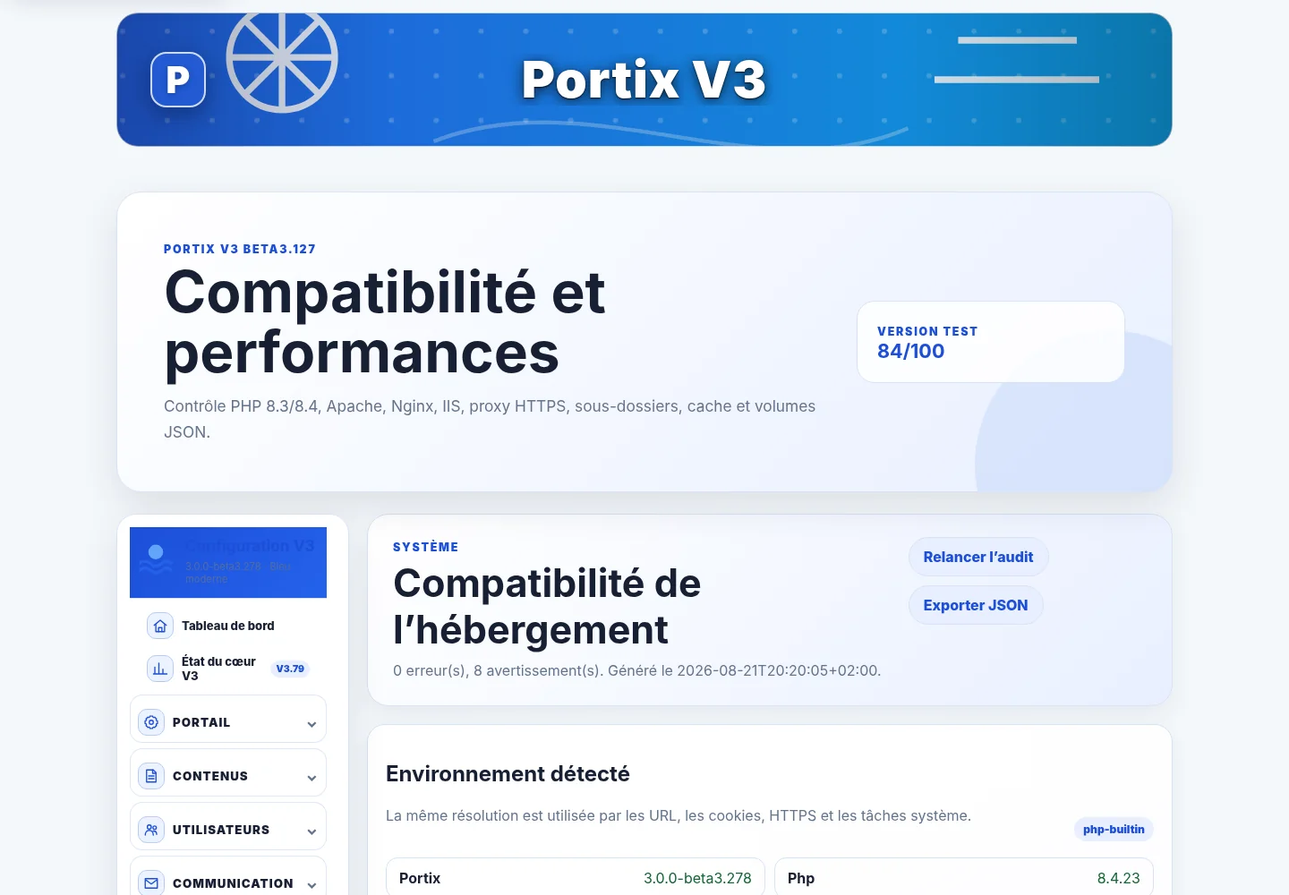 Écran Portix de compatibilité et performances de l’hébergement